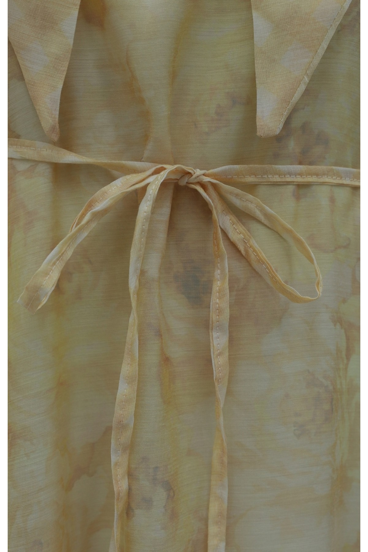 Patterned lined chiffon dress with tie-neck and waist -Yellow