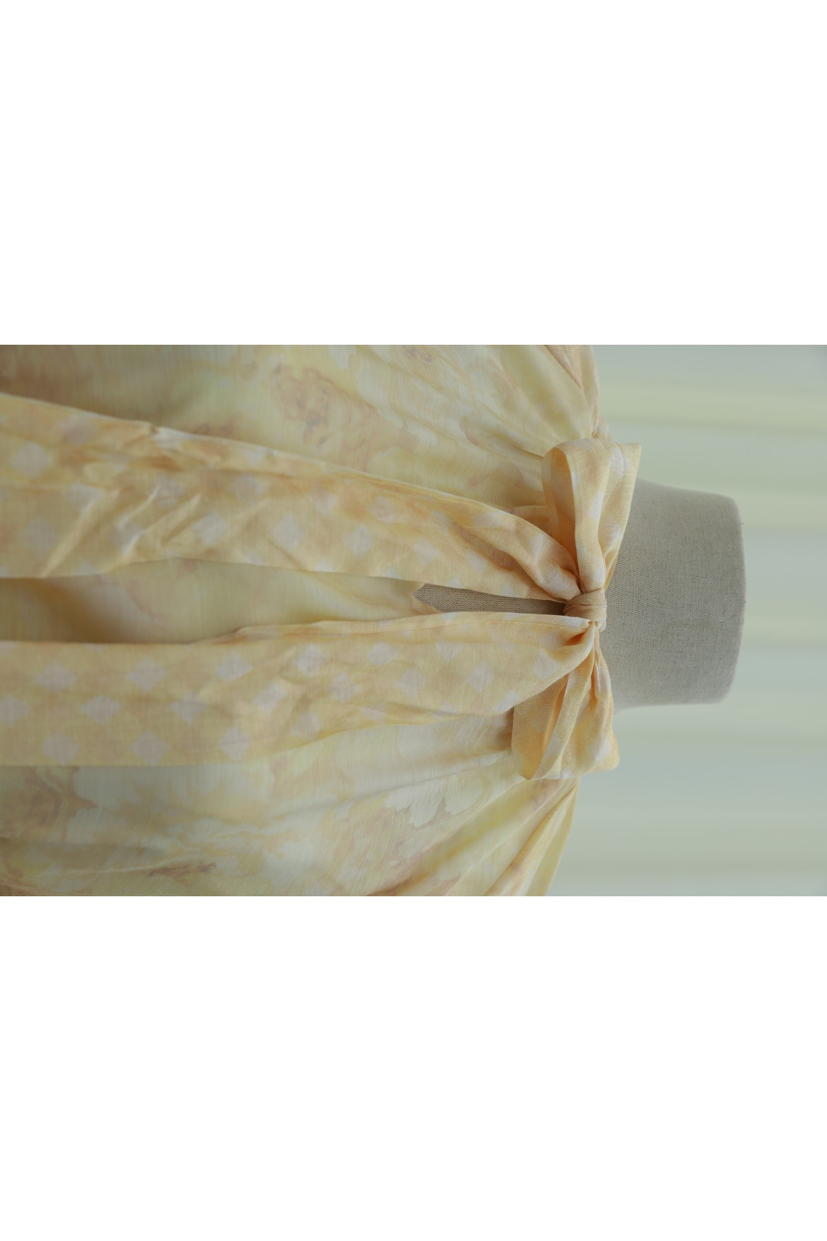 Patterned lined chiffon dress with tie-neck and waist -Yellow