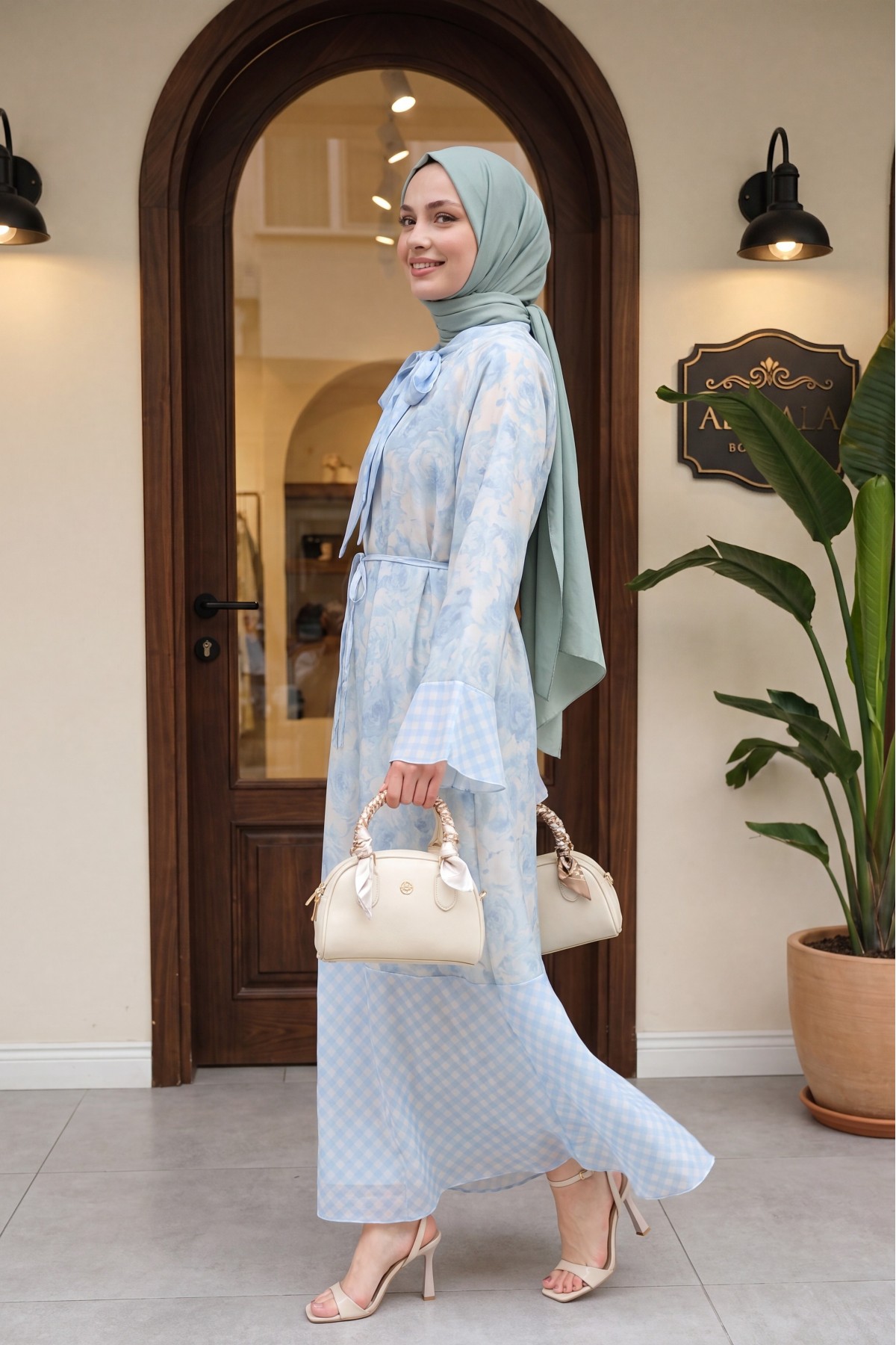 Patterned lined chiffon dress with tie-neck and waist -Light blue