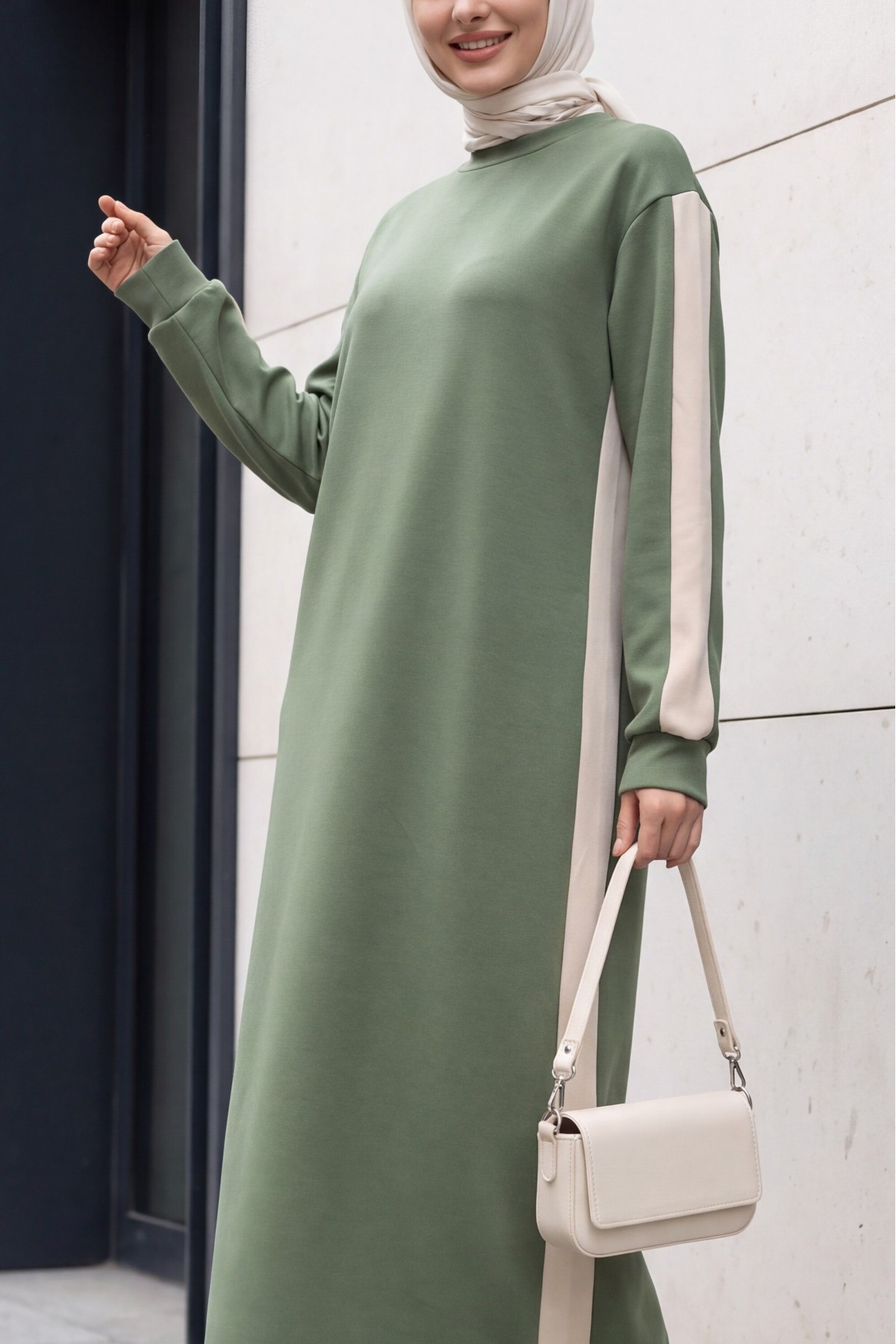 Oysho Dress with Contrasting Trim on the Sides and Sleeve -Khaki