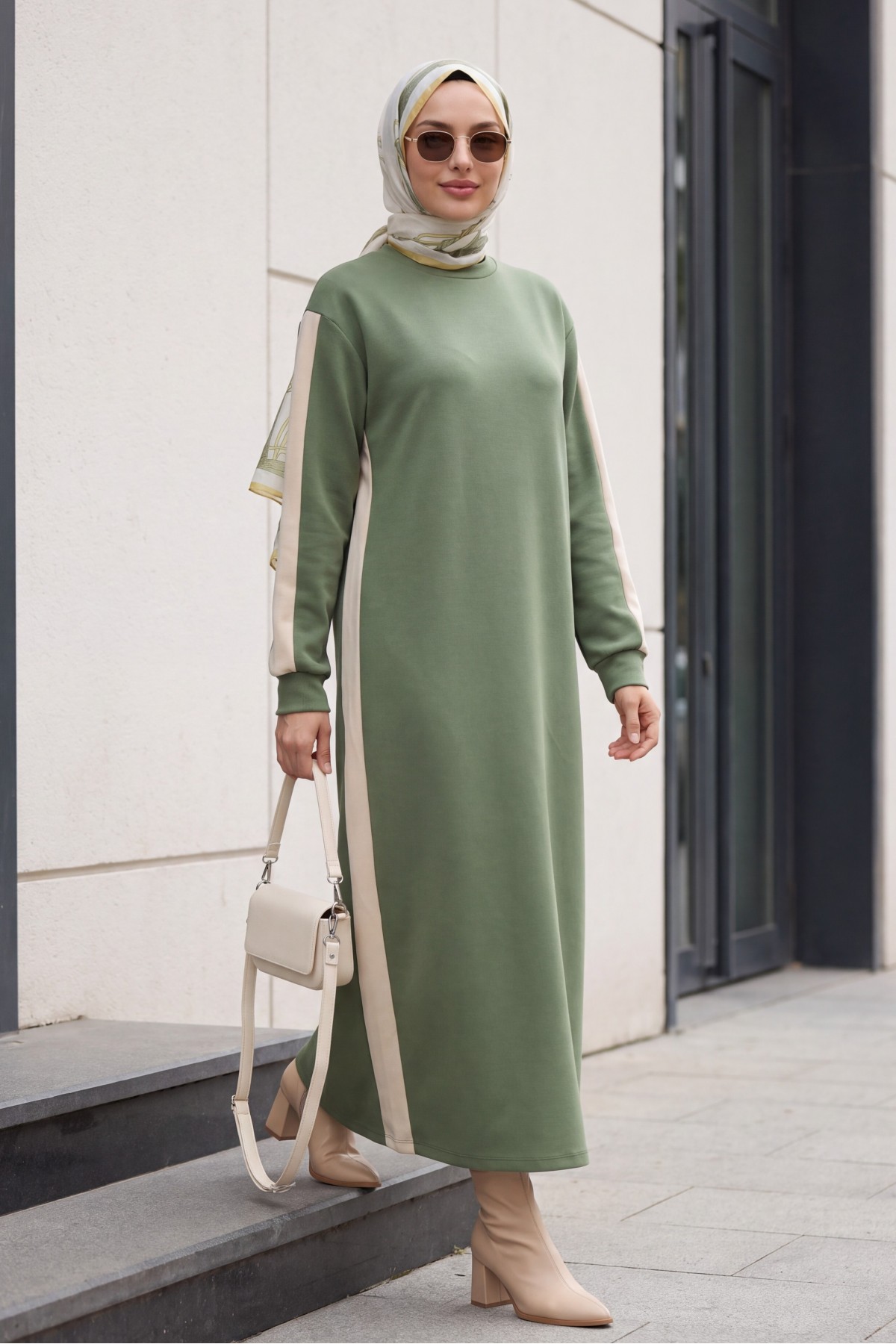 Oysho Dress with Contrasting Trim on the Sides and Sleeve -Khaki