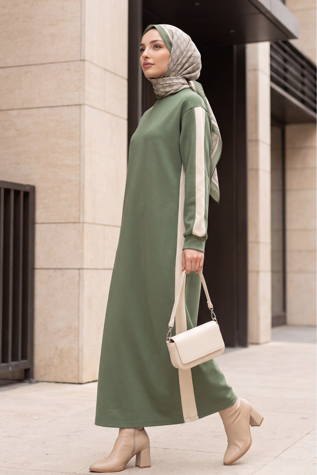 Oysho Dress with Contrasting Trim on the Sides and Sleeve -Khaki