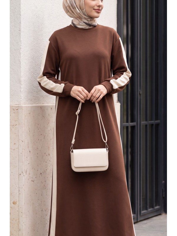 Oysho Dress with Contrasting Trim on the Sides and Sleeve -Brown