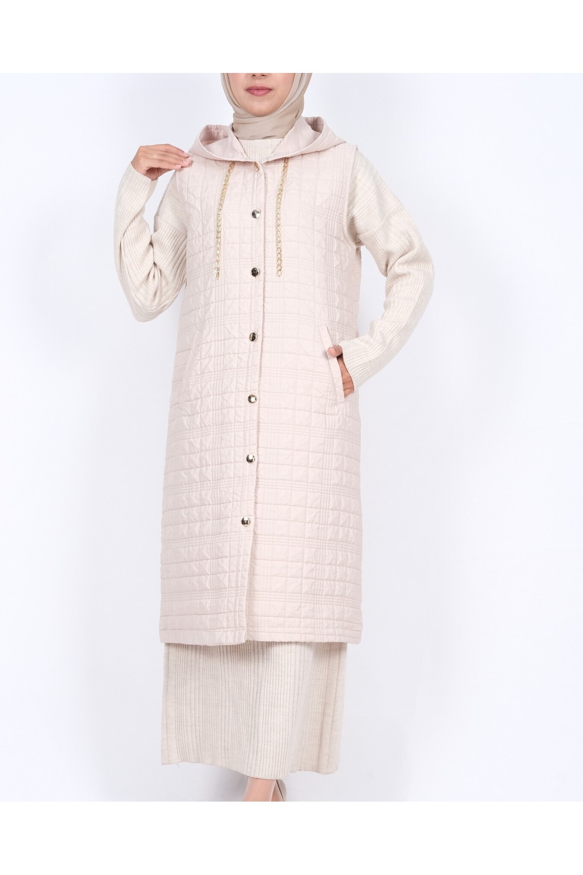 Kapşonlu Zincir Detaylı Cepli Kapitone Yelek -Taş