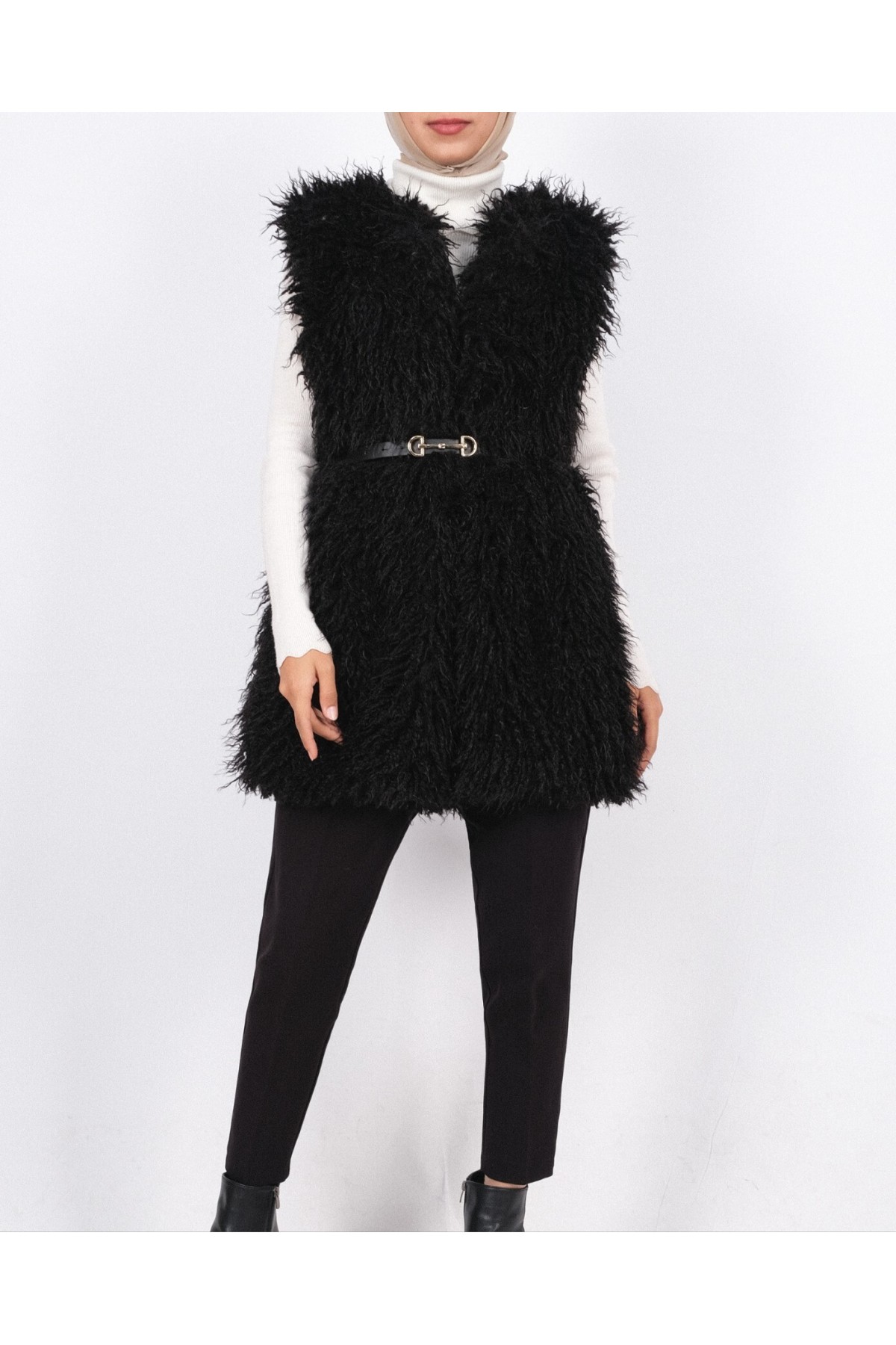 Fur Lined Vest with Belt and Side Pockets -Black