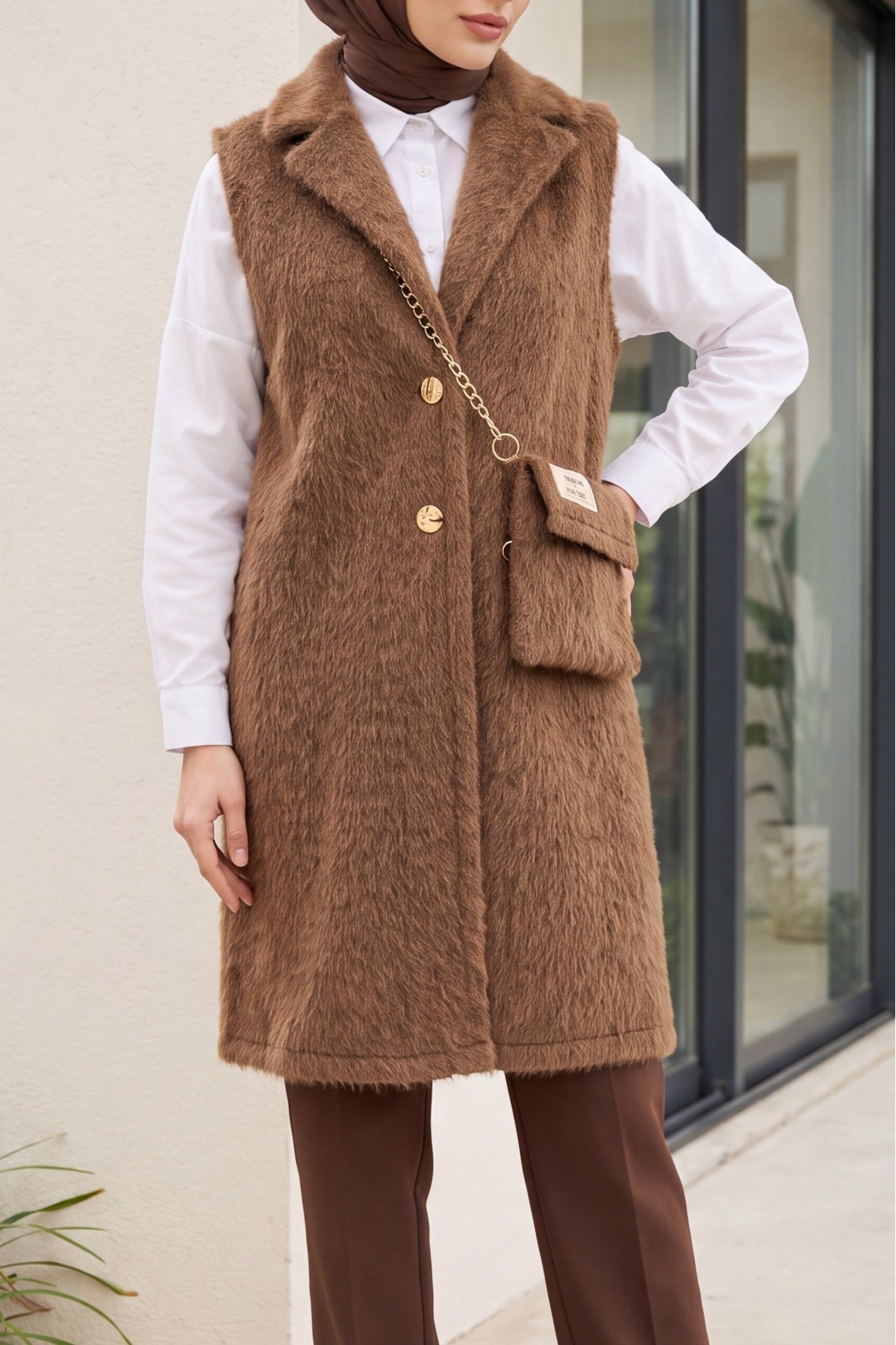 Maxmara Fabric Mid-Length Vest with Bag Accessories -Brown