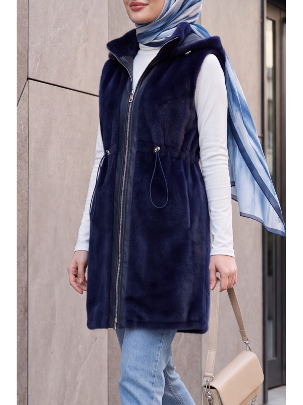 Hooded, Zip-Up, Pocketed, Drawstring Waist, Leather Detail Fox Vest -Navy blue