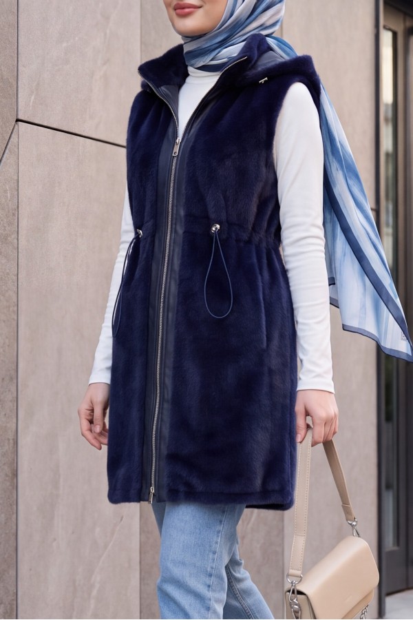 Hooded, Zip-Up, Pocketed, Drawstring Waist, Leather Detail Fox Vest -Navy blue