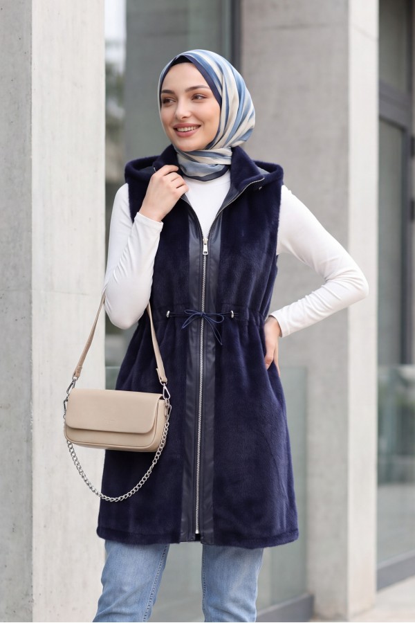 Hooded, Zip-Up, Pocketed, Drawstring Waist, Leather Detail Fox Vest -Navy blue