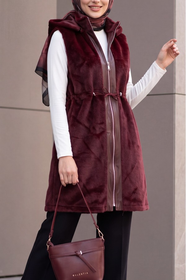 Hooded, Zip-Up, Pocketed, Drawstring Waist, Leather Detail Fox Vest -Maroon