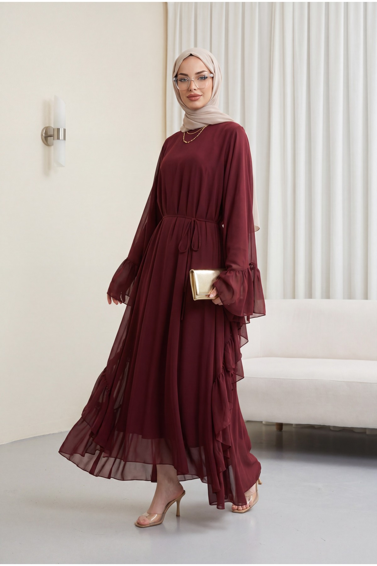 Yanı Fırfırlı Asimetrik Kesim Bağcıklı İçlikli Şifon Elbise Abaya Takım  -Bordo