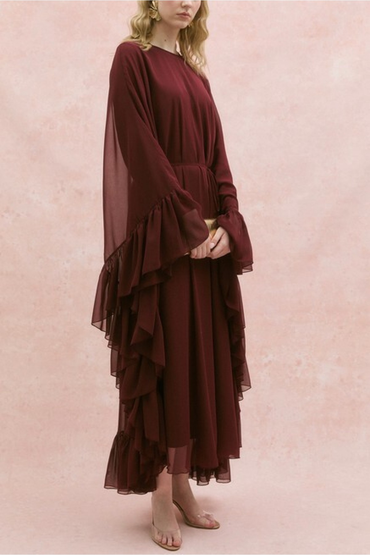 Yanı Fırfırlı Asimetrik Kesim Bağcıklı İçlikli Şifon Elbise Abaya Takım  -Bordo