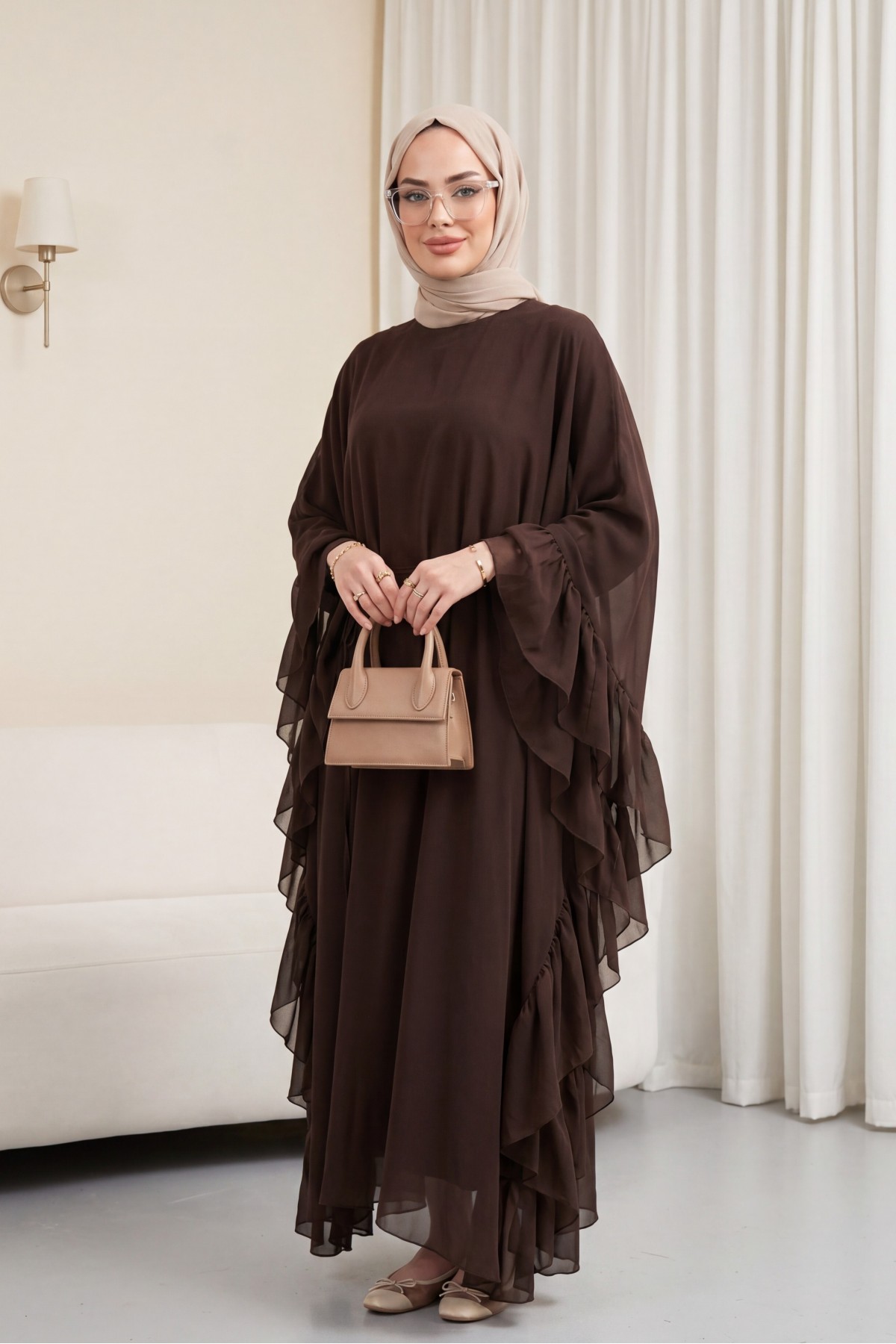 Yanı Fırfırlı Asimetrik Kesim Bağcıklı İçlikli Şifon Elbise Abaya Takım  -Kahverengi