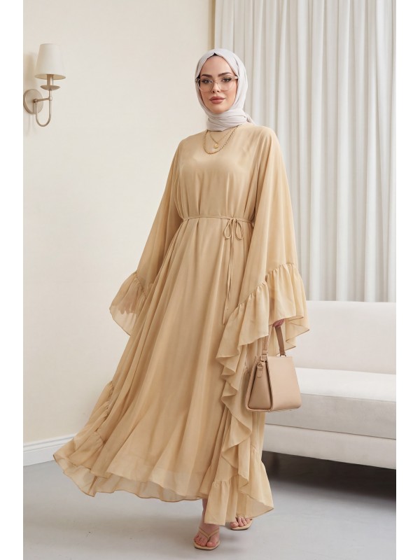 Yanı Fırfırlı Asimetrik Kesim Bağcıklı İçlikli Şifon Elbise Abaya Takım  -Bej