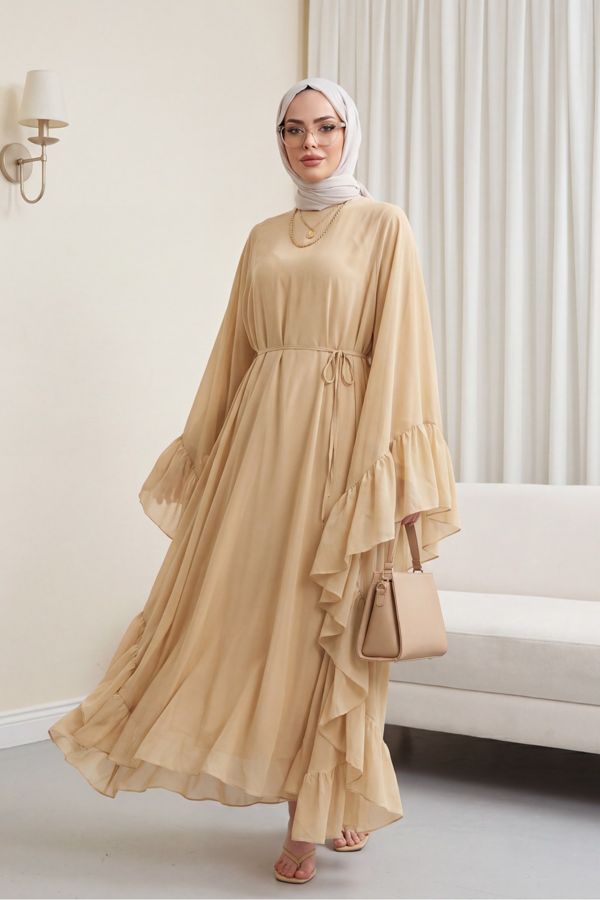 Yanı Fırfırlı Asimetrik Kesim Bağcıklı İçlikli Şifon Elbise Abaya Takım  -Bej