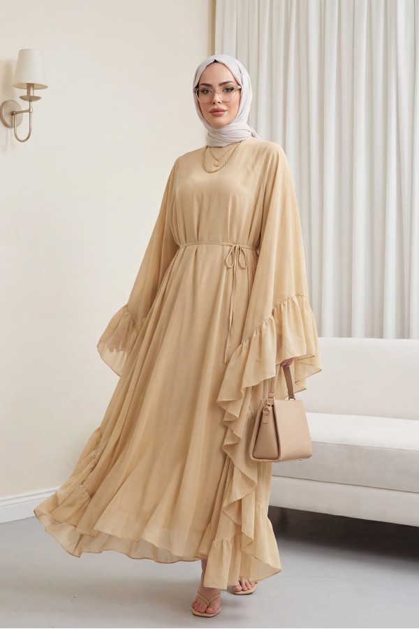 Asymmetrical Cut, Lace-Up Chiffon Abaya Dress Set with Ruffled Sides and Inner Lining - Beige