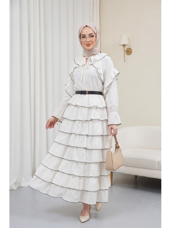 Eteği Kat Kat Yakası Bağlamalı Volanlı Biyeli Vual Takım  -Ekru
