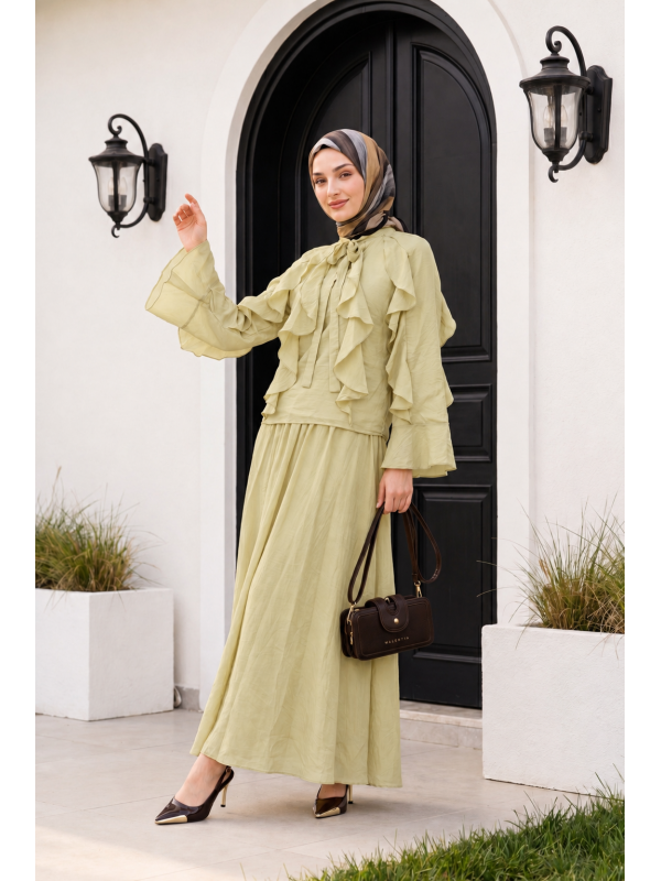 Lace-up Neckline, Ruffled Front, Lined Tulle Modal Set -Oil Green