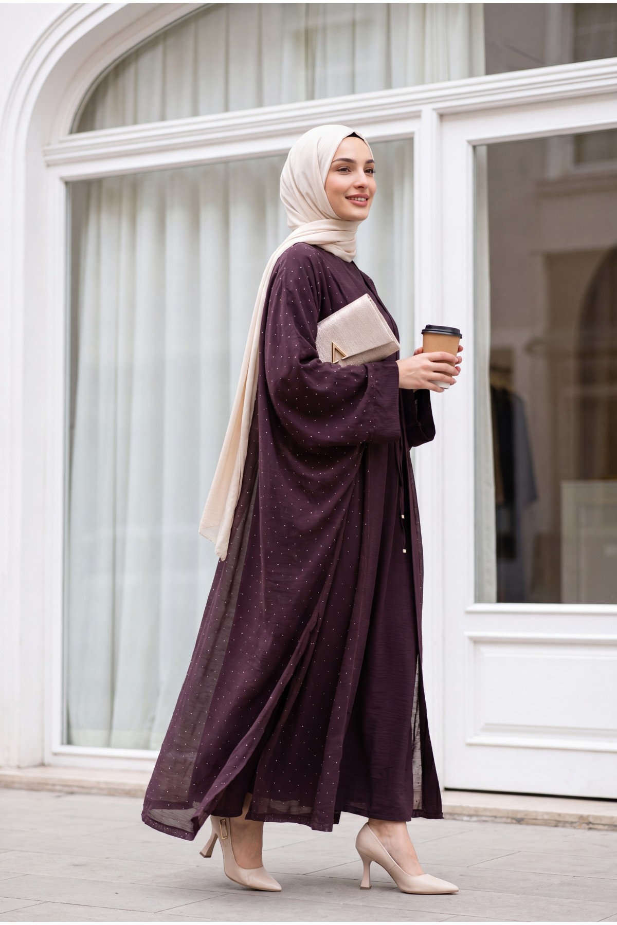 Kemerli İçlikli Taş Detaylı Astarlı Flam Tül Abaya Takım -Mürdüm