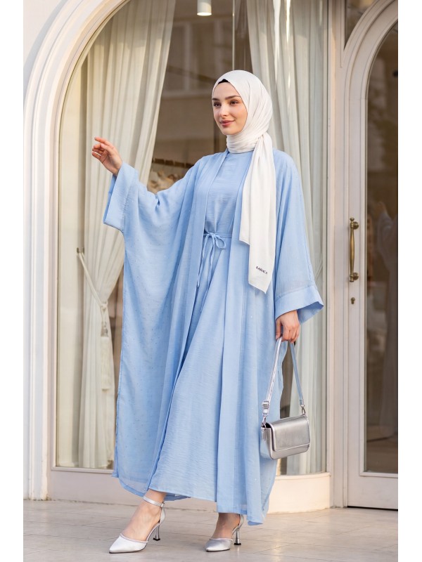 Belted, Inner Layered, Stone-Detailed, Lined Flame Tulle Abaya Set -Baby Blue