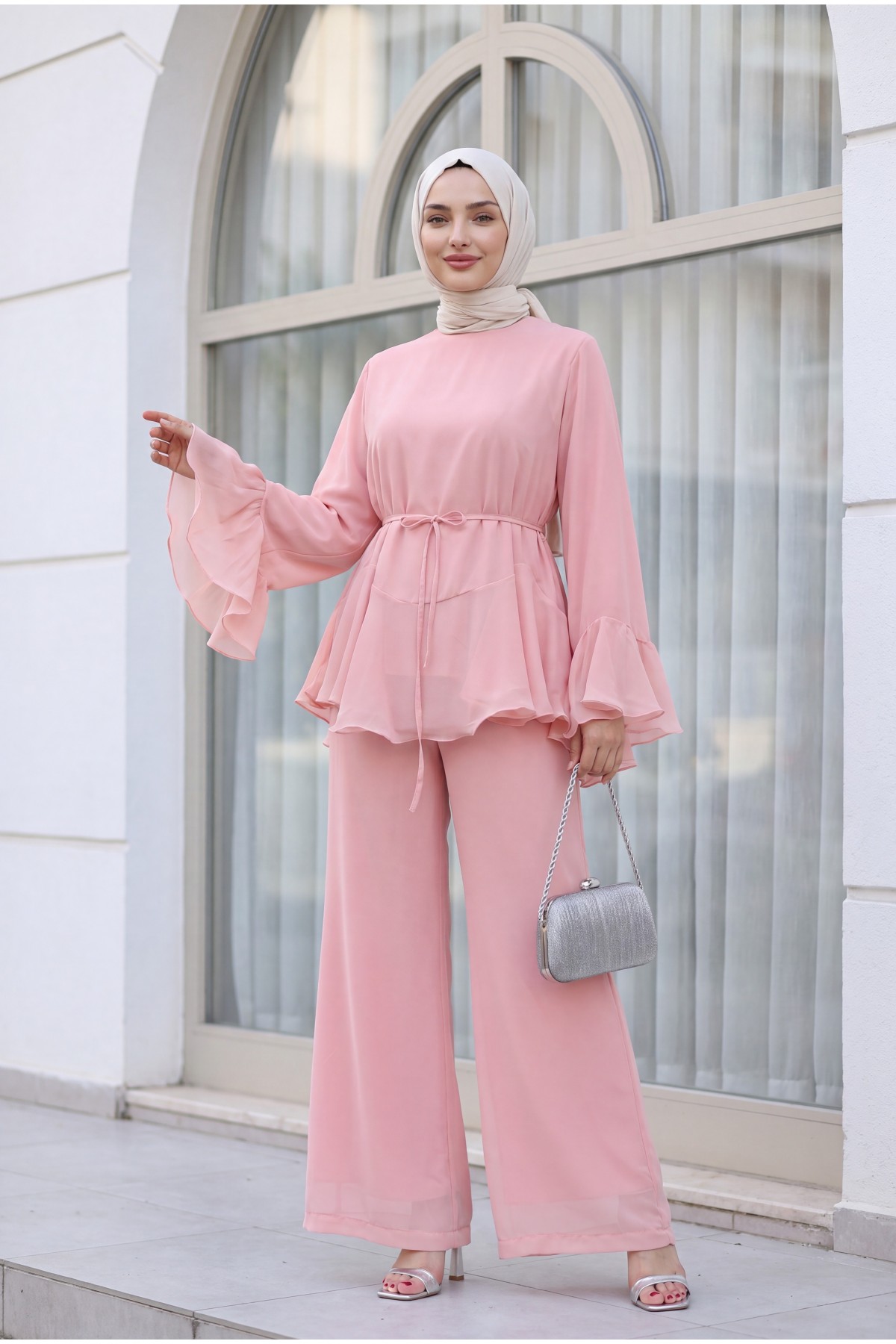 Chiffon Set with Lined Trousers, Ruffled Sleeves and Waist, and Belt -Powder