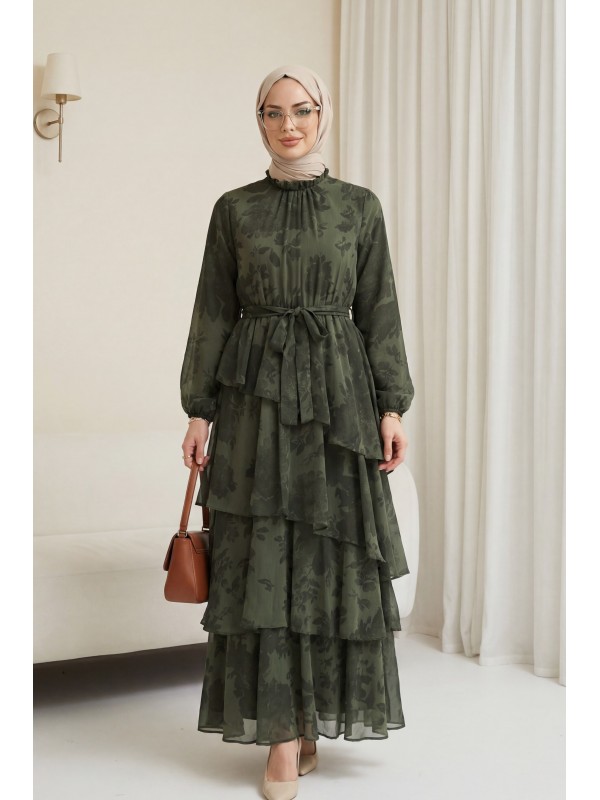Yoryo Patterned Layered Skirt, Tie-Waist, Lined Chiffon Dress -Khaki