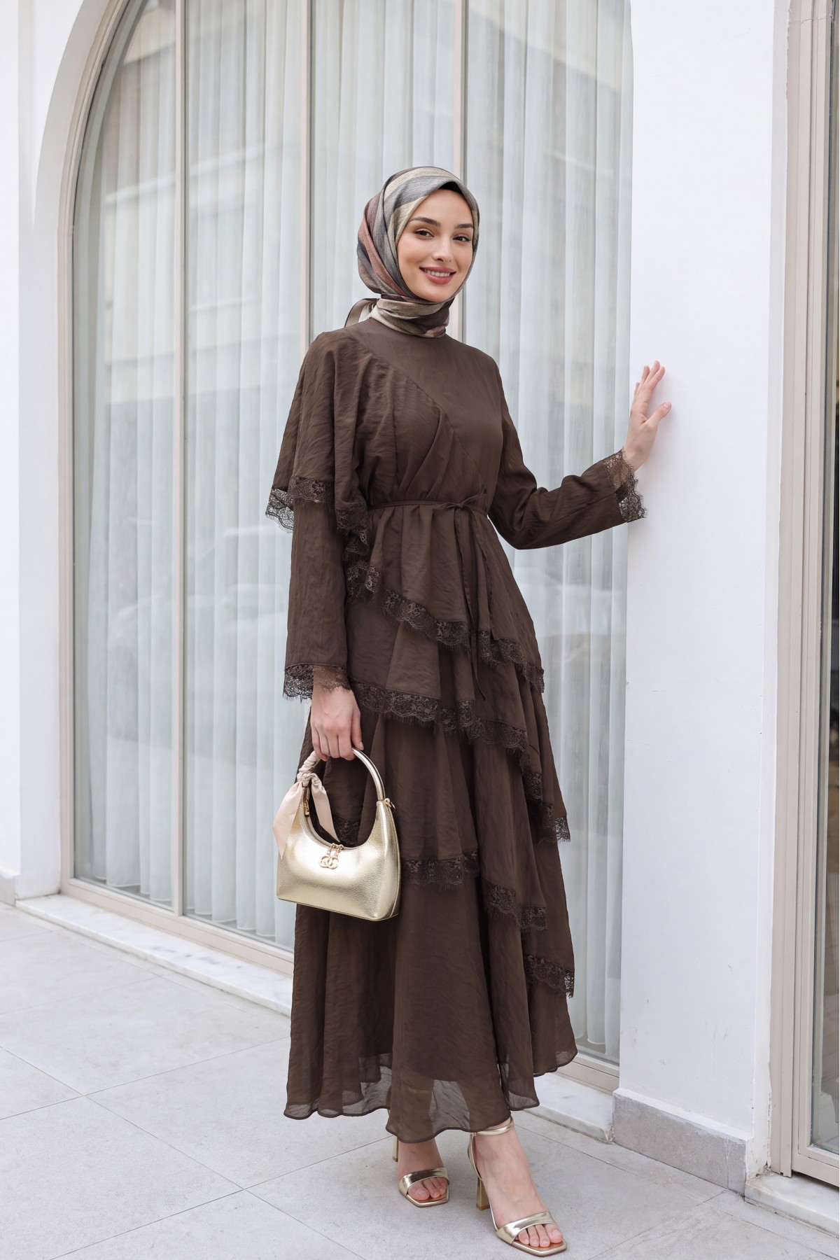 Lace-Detailed Layered Belted Lined Tulle Modal Dress -Brown