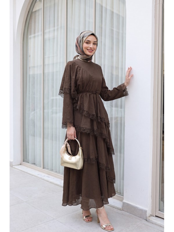 Lace-Detailed Layered Belted Lined Tulle Modal Dress -Brown