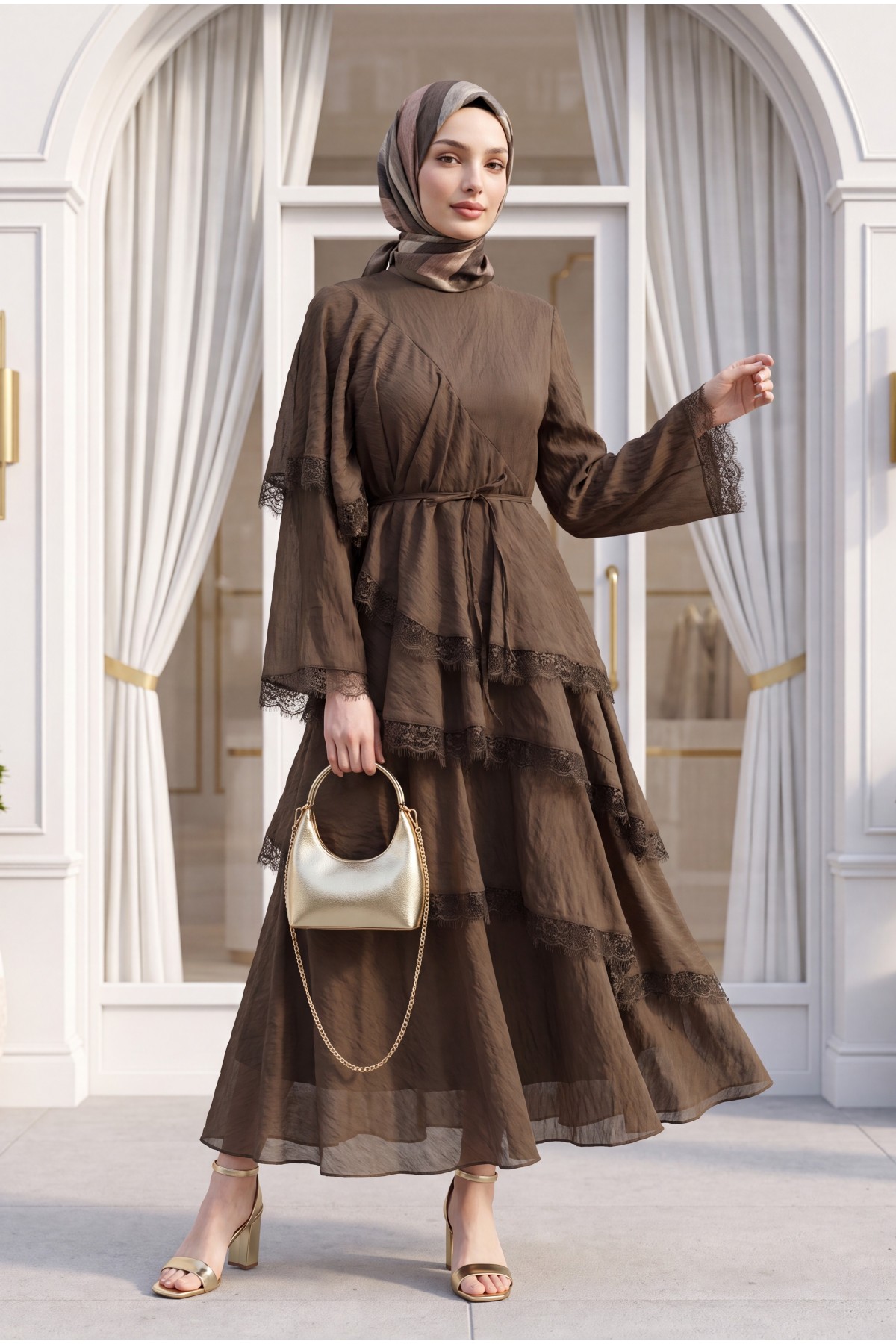 Lace-Detailed Layered Belted Lined Tulle Modal Dress -Brown