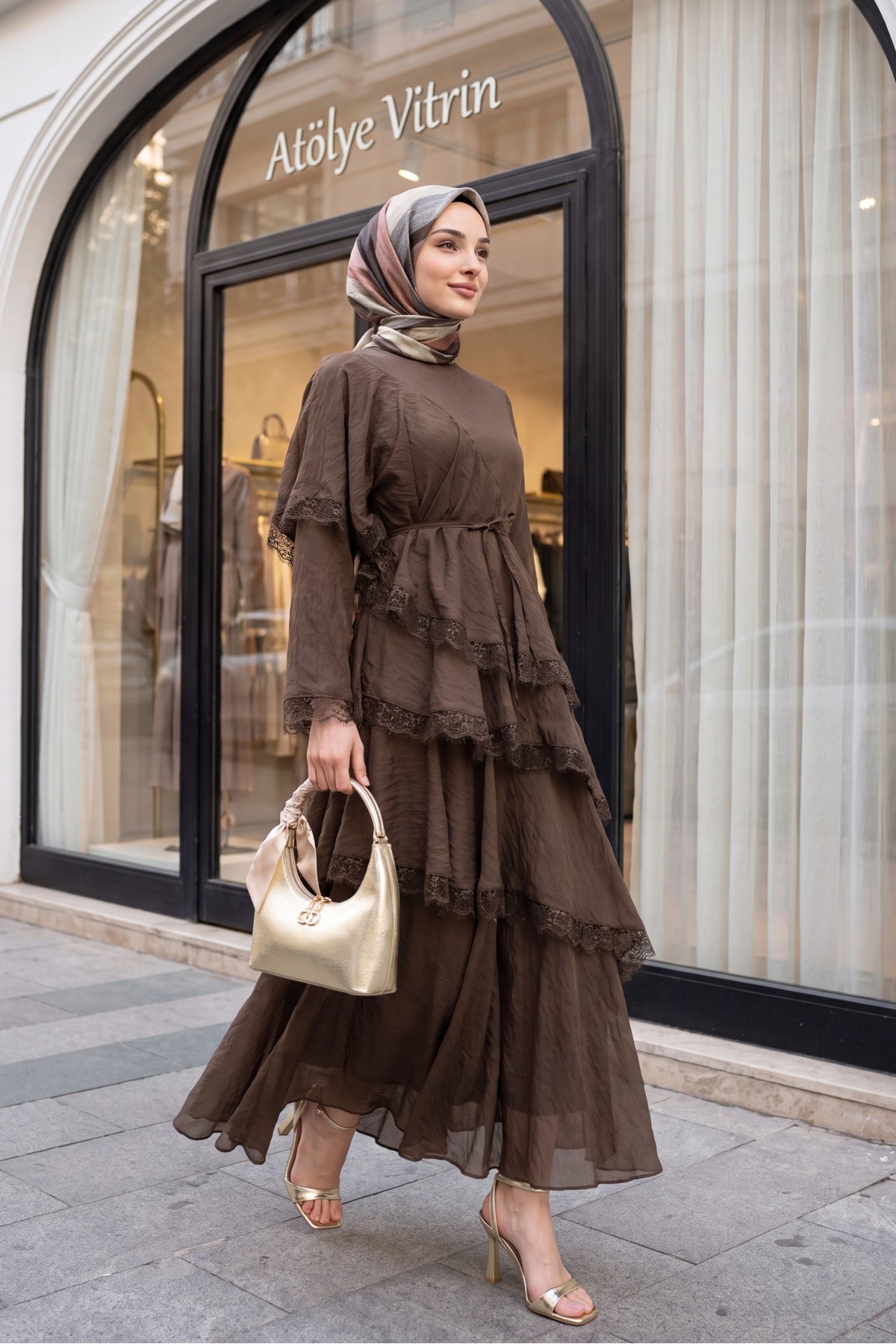 Lace-Detailed Layered Belted Lined Tulle Modal Dress -Brown