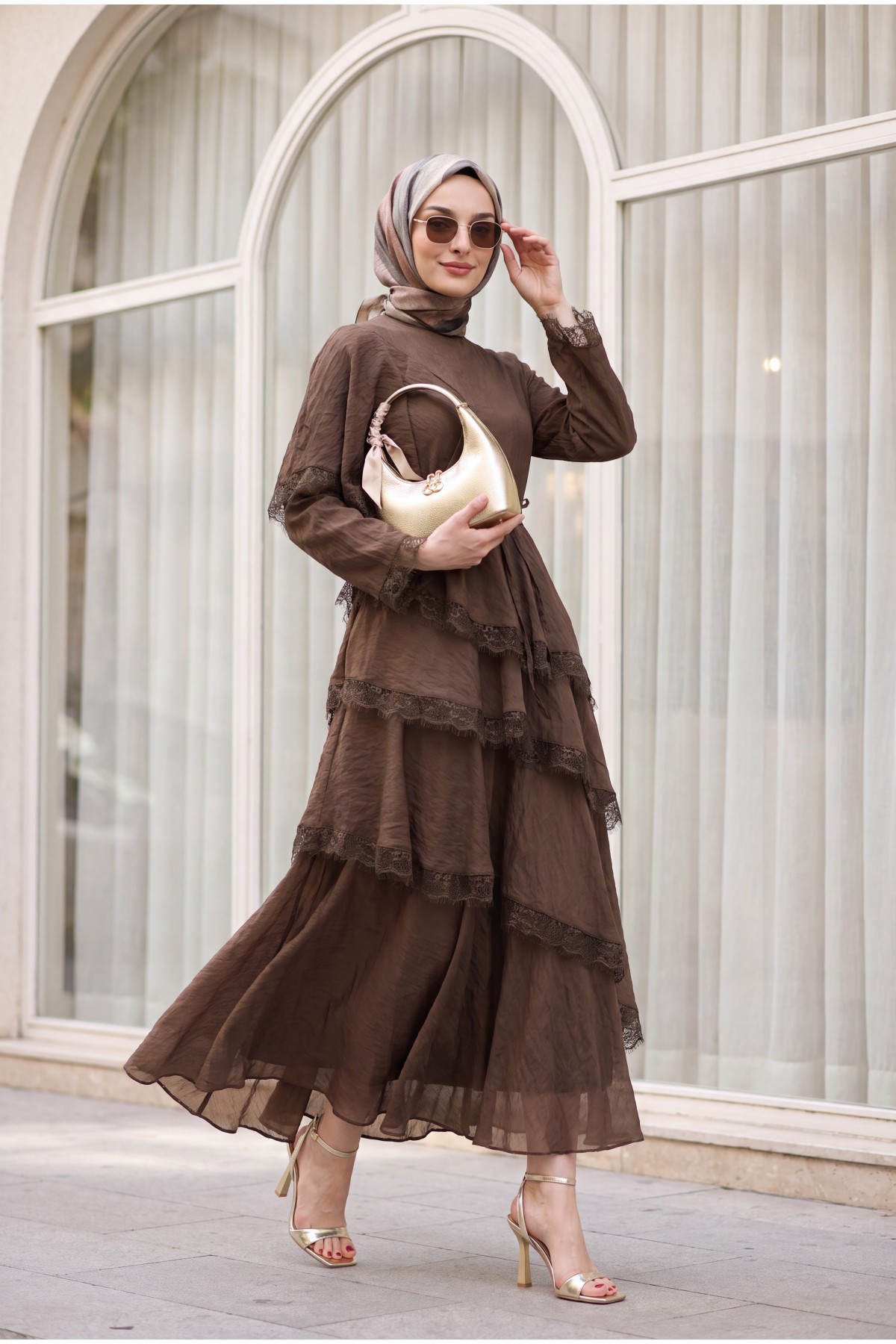 Lace-Detailed Layered Belted Lined Tulle Modal Dress -Brown