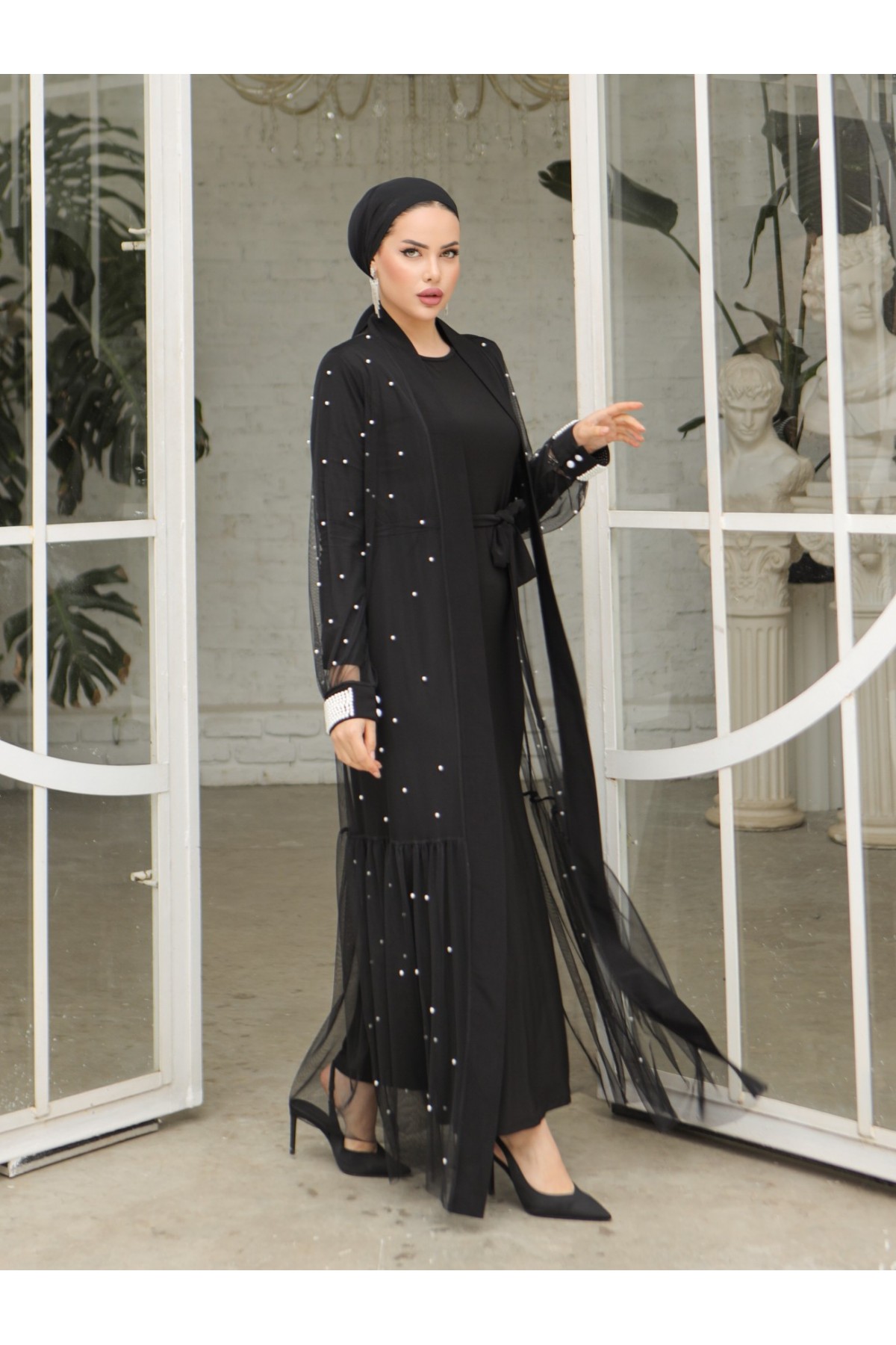 İncili İkili Abaya Takım -Siyah