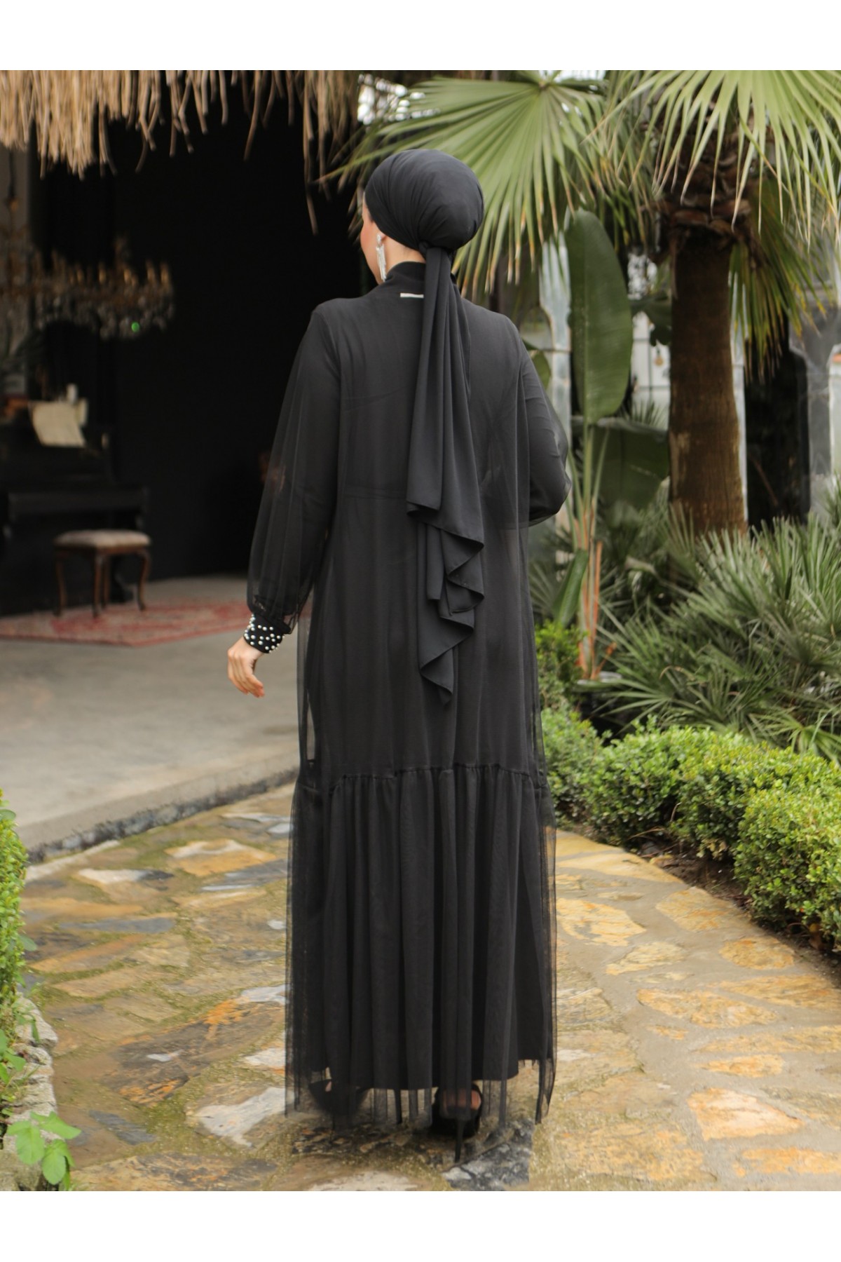 İncili İkili Abaya Takım -Siyah
