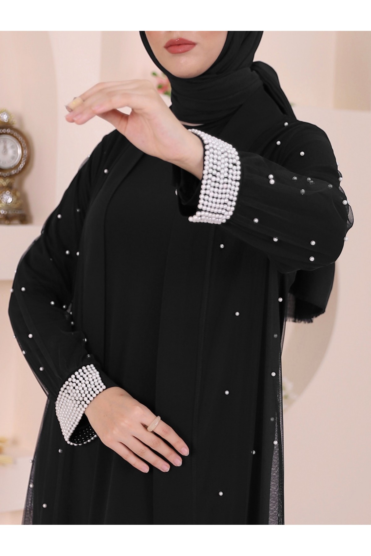 İncili İkili Abaya Takım -Siyah