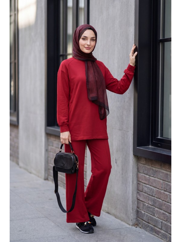 Bisiklet Yaka Oversize Cepli Pantolonlu Penye Takım -Bordo