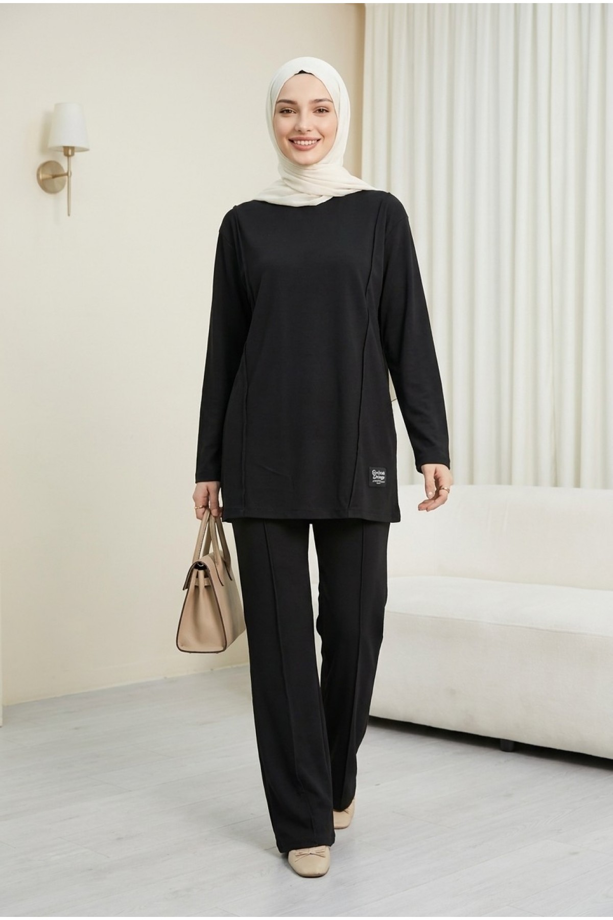 Crew Neck Cotton Jersey Set with Text Detail and Elastic Waist Trousers -Black
