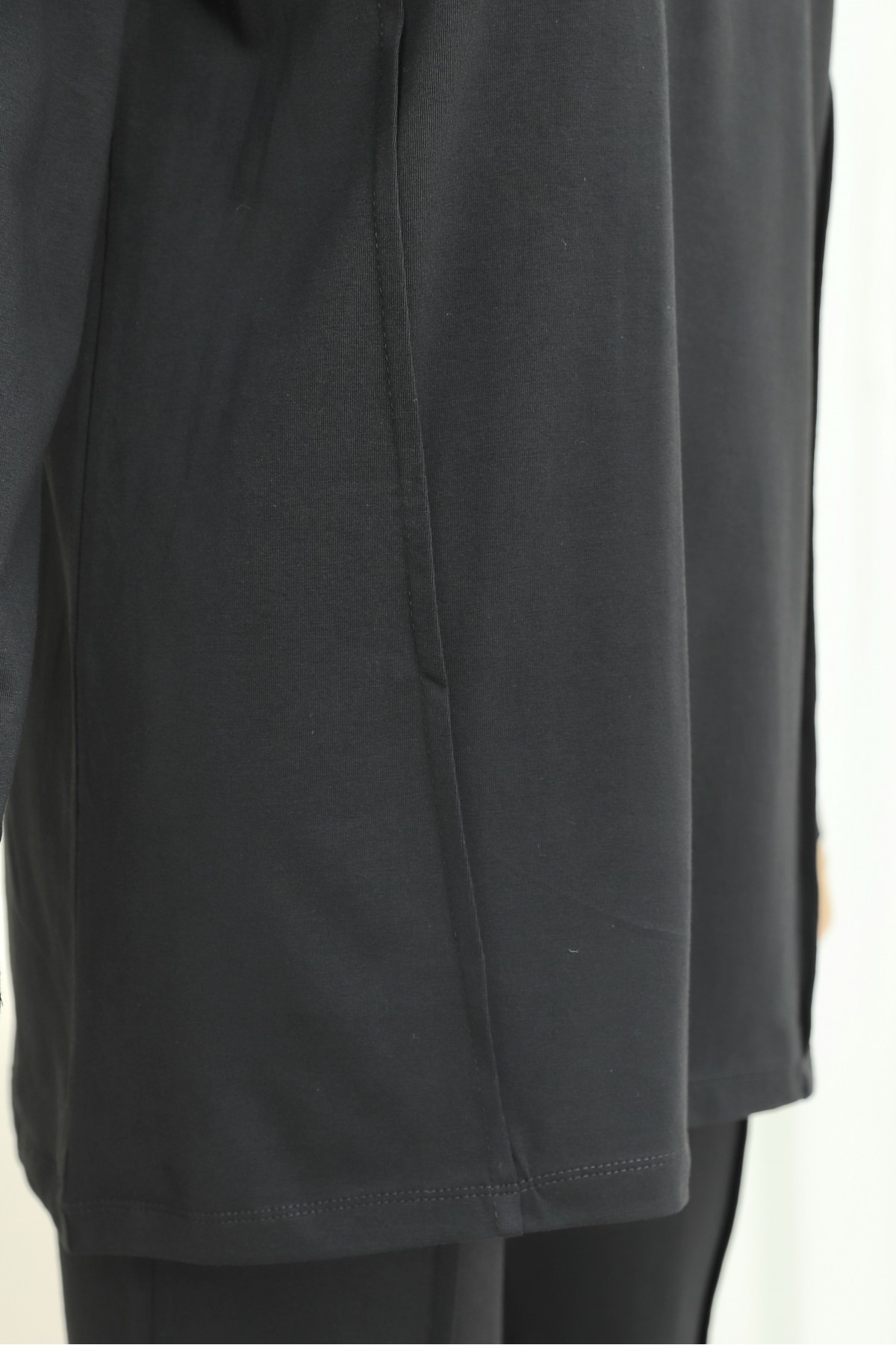 Crew Neck Cotton Jersey Set with Text Detail and Elastic Waist Trousers -Black