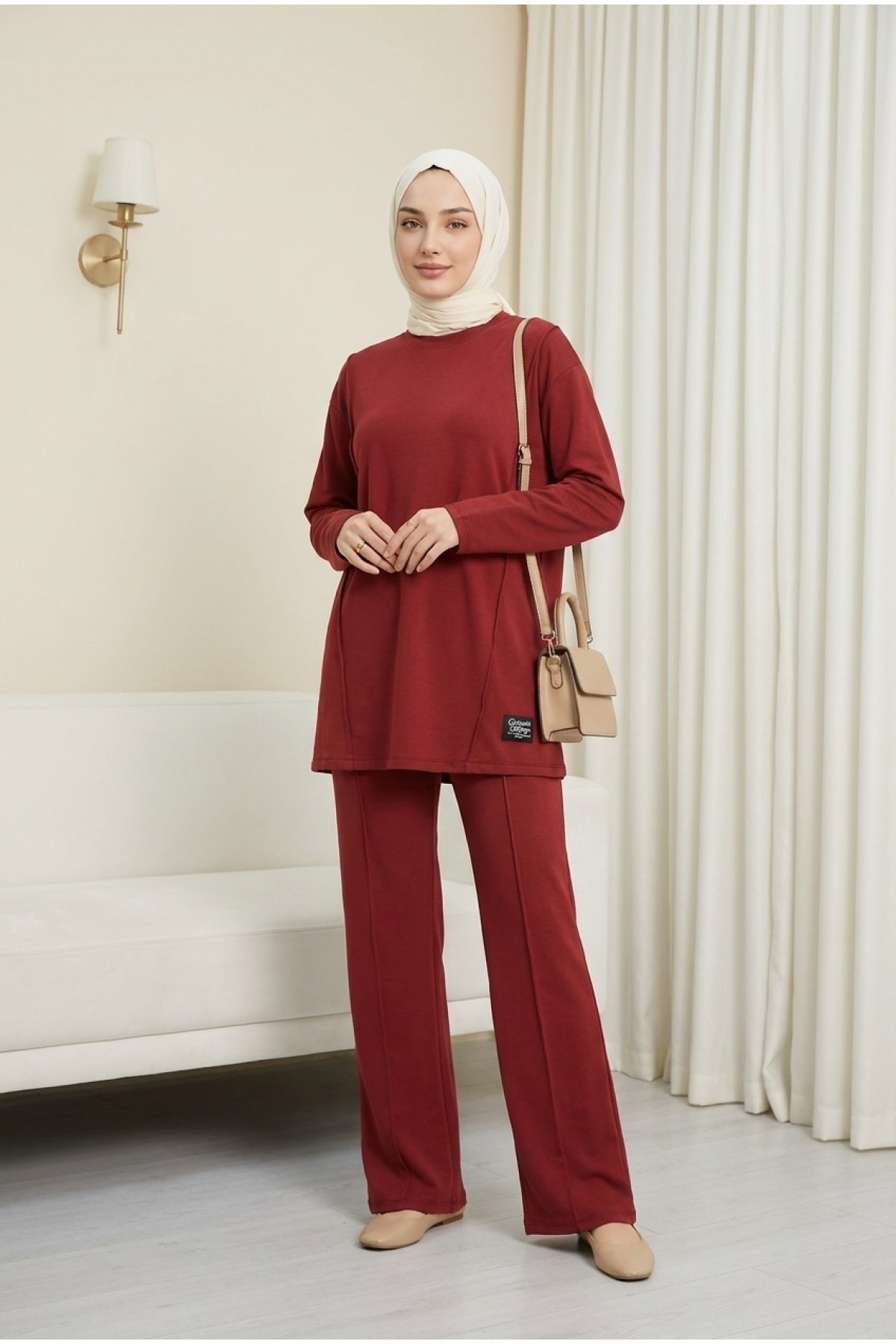 Crew Neck Cotton Jersey Set with Text Detail and Elastic Waist Trousers -Maroon