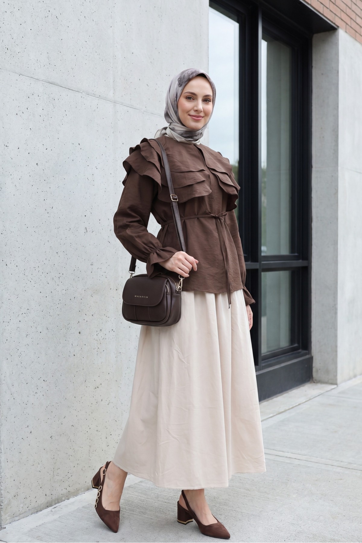Layered Baby Collar Modal Blouse with Elasticated Cuffs -Dark Coffee