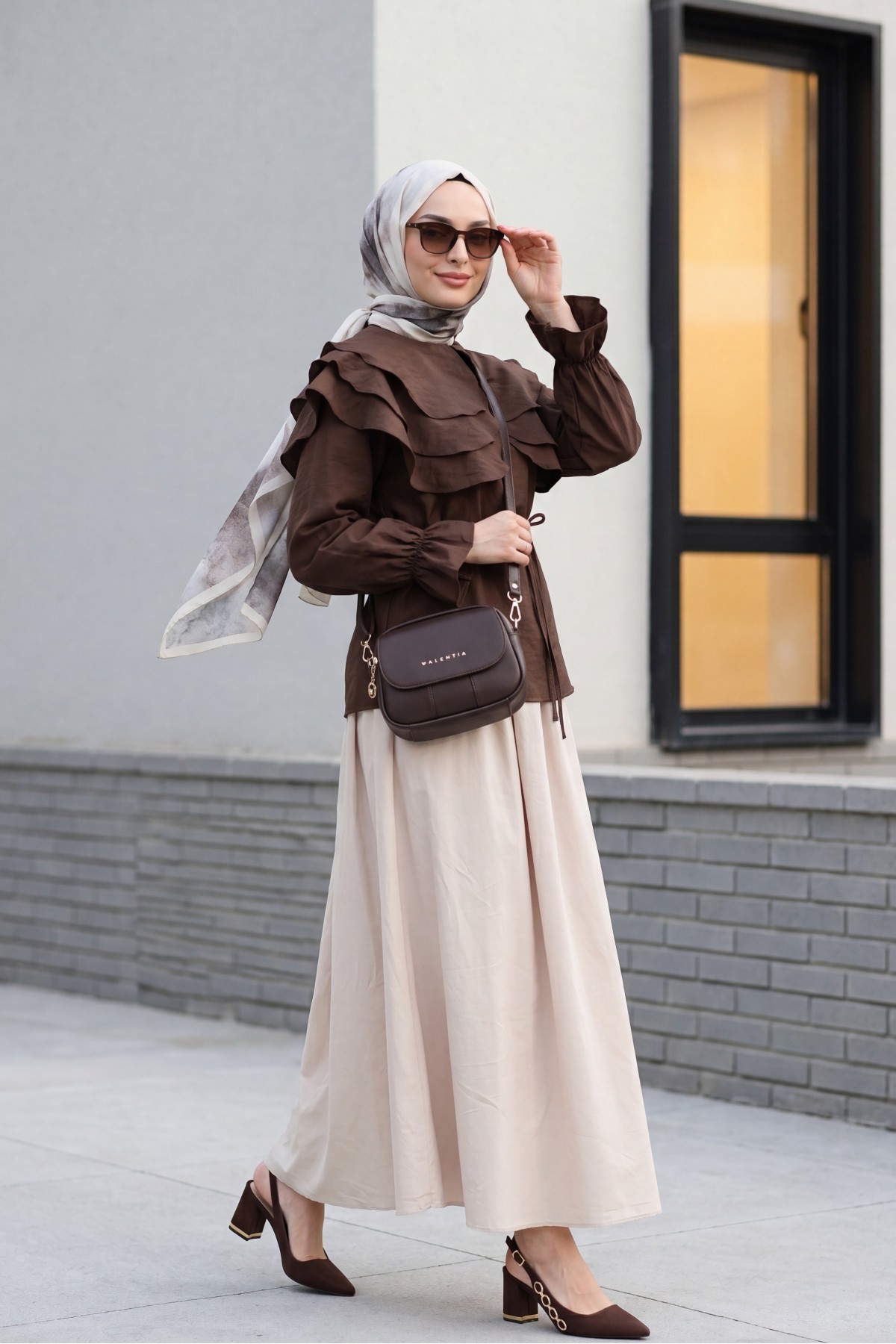 Layered Baby Collar Modal Blouse with Elasticated Cuffs -Dark Coffee