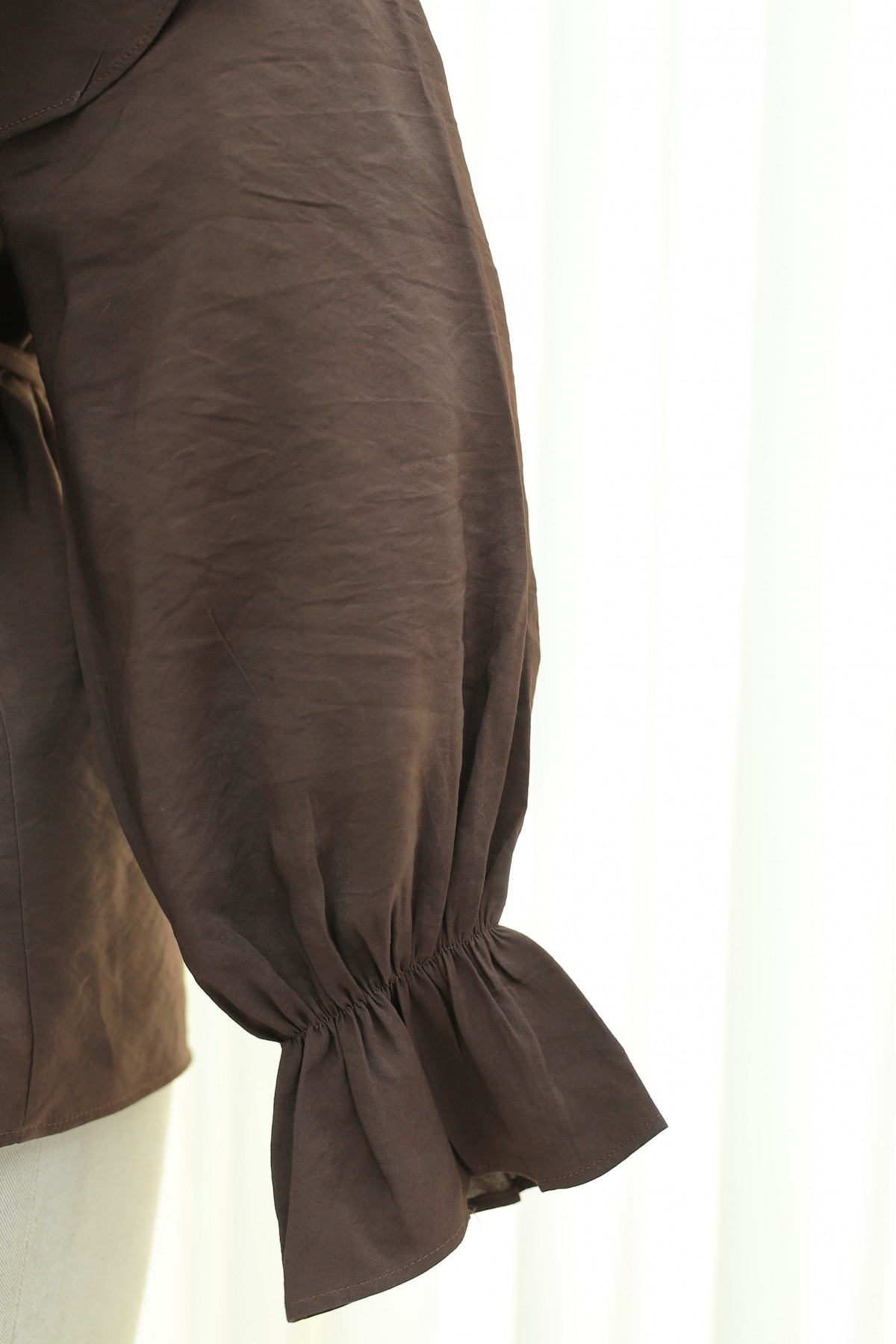 Layered Baby Collar Modal Blouse with Elasticated Cuffs -Dark Coffee
