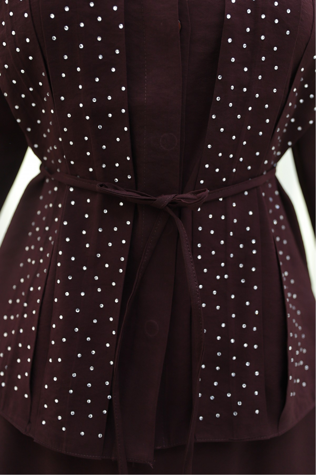 Polyviscose Set with Stone Detail at the Front and Belted Skirt, Lined -Dark Bordo