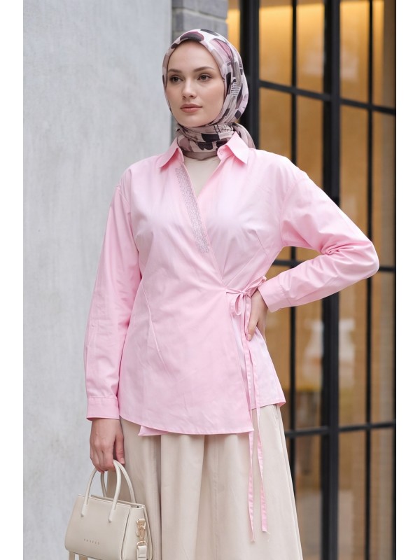 Side-Tie Poplin Shirt with Stone Detail and Wrap Collar -Pink