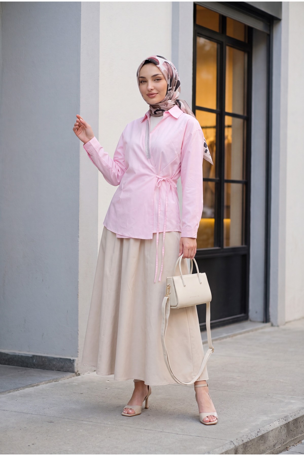Side-Tie Poplin Shirt with Stone Detail and Wrap Collar -Pink