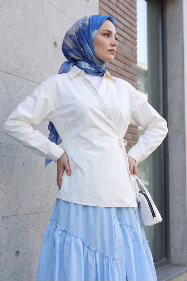 Side-Tie Poplin Shirt with Stone Detail and Wrap Collar -Cream color