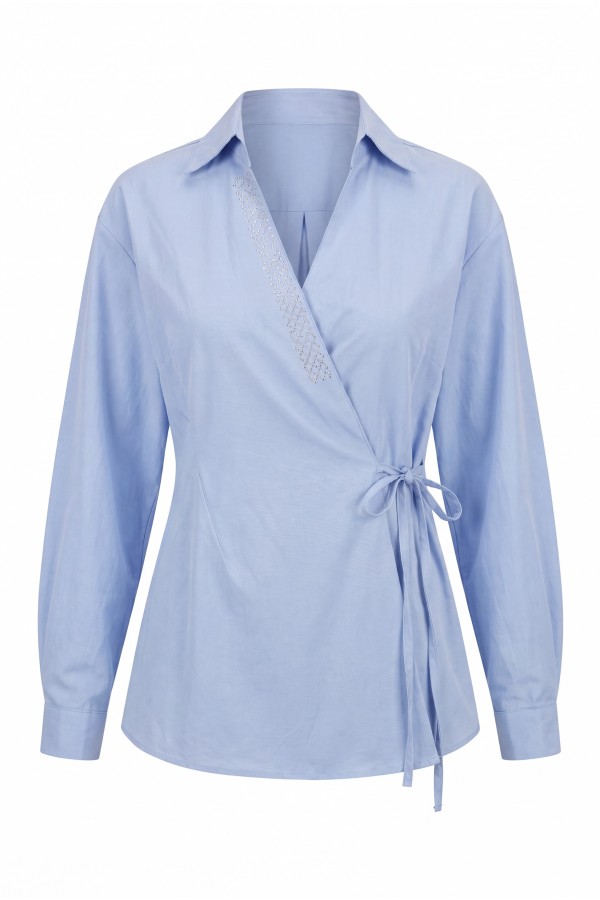 Side-Tie Poplin Shirt with Stone Detail and Wrap Collar -Blue
