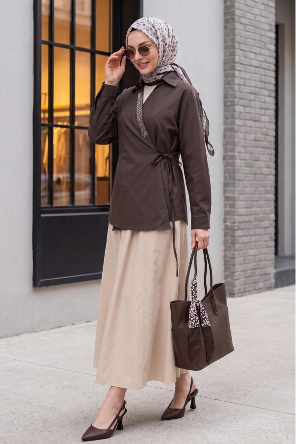 Side-Tie Poplin Shirt with Stone Detail and Wrap Collar -Dark Coffee