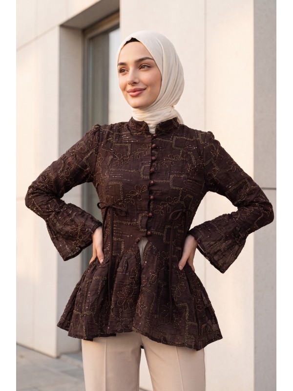 Mandarin Collar, Button-Front, Lined, Ruffled Polyviscose Tunic -Dark purple