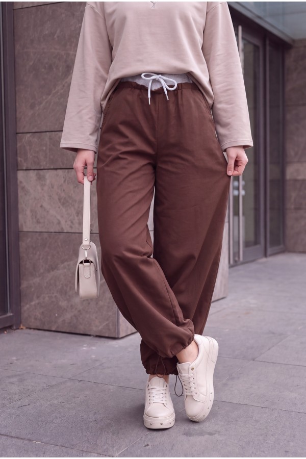 Wide-Leg Cupro Trousers with Elastic Waist and Drawstring Detail -Dark Coffee