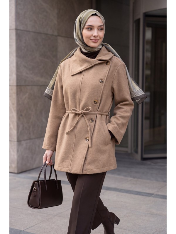 Shawl Collar Button-Front Pocketed Belted Cashmere Coat - Beige